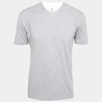 Pre Owned Brunello Cucinelli Grey Cotton V-Neck Short Sleeve Regular Fit T-Shirt XXL
