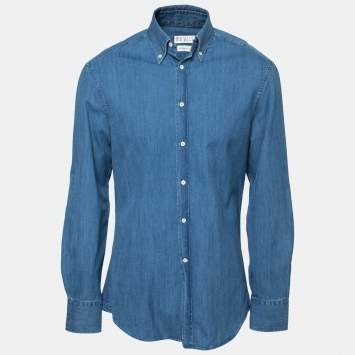 Pre Owned Brunello Cucinelli Blue Cotton Slim Fit Shirt M