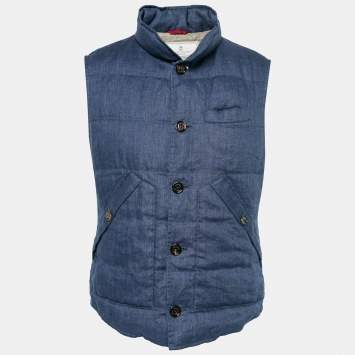 Pre Owned Brunello Cucinelli Blue Down Linen Button Front Gilet L