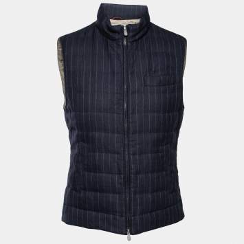 Pre Owned Brunello Cucinelli Navy Blue Striped Linen & Wool Zip-Front Jacket Vest S