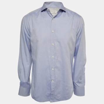 Pre Owned Brunello Cucinelli Blue Cotton Slim Fit Button Front Full Sleeve Shirt L