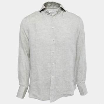 Pre Owned Brunello Cucinelli Grey Linen Slim Fit Full Sleeve Shirt M