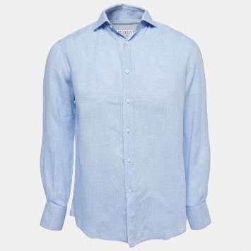 Pre Owned Brunello Cucinelli Light Blue Linen Slim Fit Button Down Shirt M