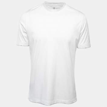 Pre Owned Brunello Cucinelli White Cotton Crew Neck Slim Fit Half Sleeve T-Shirt L