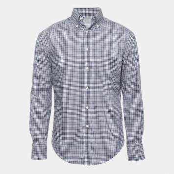 Pre Owned Brunello Cucinelli Navy Blue Plaid Cotton Button Down Full Sleeve Slim Fit Shirt S