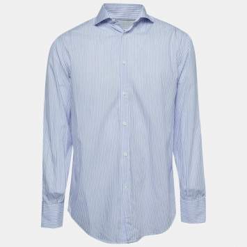 Pre Owned Brunello Cucinelli Blue Striped Cotton Shirt L
