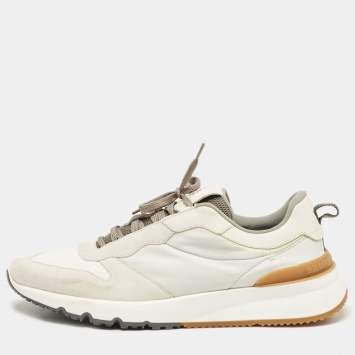 Pre Owned Brunello Cucinelli White/Grey Fabric and Leather Low Top Sneakers Size 43.5
