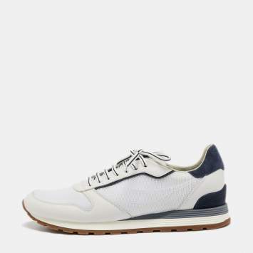 Pre Owned Brunello Cucinelli White/Navy Blue Leather and Mesh Low Top Sneakers Size 43.5