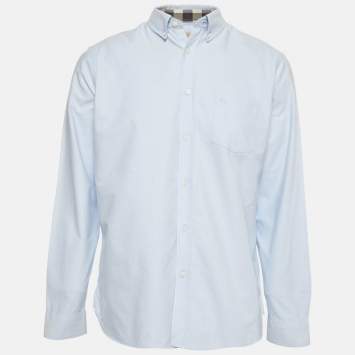 Pre Owned Burberry Blue Logo Embroidered Cotton Button Down Shirt XL