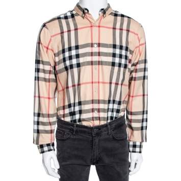 Pre Owned Burberry Brit Beige Checked Cotton Pocketed Button Down Shirt L