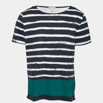 Pre Owned Burberry Brit White and Blue Cotton Striped Crew Neck T-Shirt L