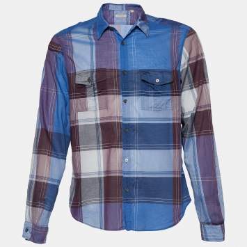 Pre Owned Burberry Brit Blue Check Cotton Poplin Long Sleeve Shirt L
