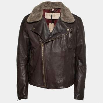 Pre Owned Burberry Brit Brown Leather Shearling Collar Biker Jacket L
