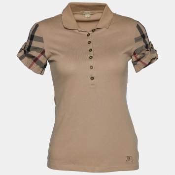 Pre Owned Burberry Brit Beige Cotton Pique Nova Check Sleeve T-Shirt XS