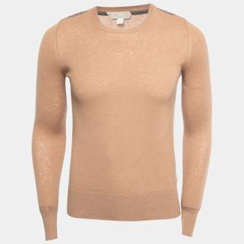 Pre Owned Burberry Brit Beige Knit Horseferry Check Shoulder Detail Crew Neck Sweatshirt XS