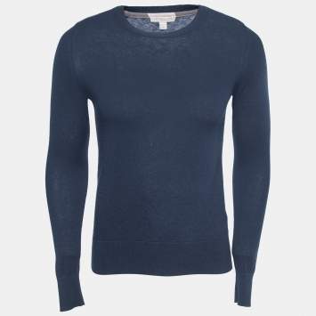 Pre Owned Burberry Brit Navy Blue Knit Horseferry Check Shoulder Detail Crew Neck Sweatshirt XS