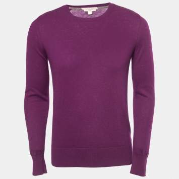 Pre Owned Burberry Brit Purple Knit Horseferry Check Shoulder Detail Crew Neck Sweatshirt S
