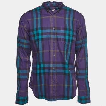 Pre Owned Burberry Brit Purple Plaid Cotton Full Sleeve Shirt L