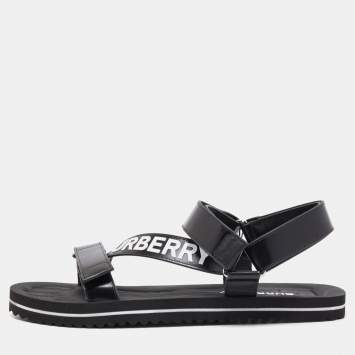 Pre Owned Burberry Black Leather Patterson Velcro Flat Sandals Size 43