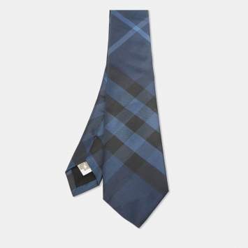 Pre Owned Burberry Navy Blue Checked Silk Tie 