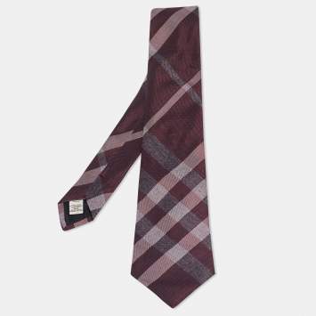 Pre Owned Burberry Burgundy Checkered Silk Tie