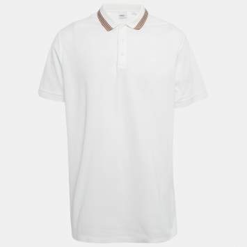 Pre Owned Burberry White Stripe Trim Cotton Polo T-Shirt XXL 