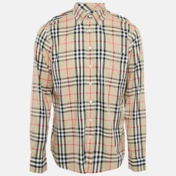 Pre Owned Burberry London Beige Nova Check Cotton Long Sleeve Button Down Shirt L