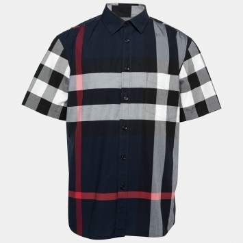 Pre Owned Burberry London Navy Blue Checked Cotton Button Front Short Sleeve Shirt XXL