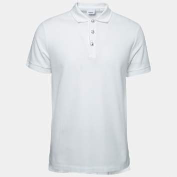 Pre Owned Burberry White Cotton Pique Short Sleeve Polo T-Shirt M