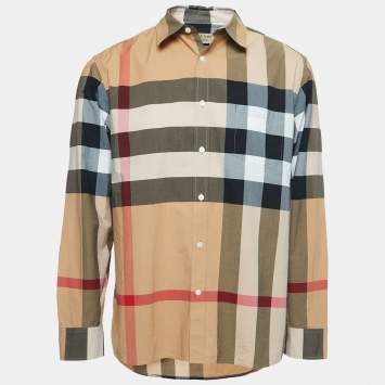 Pre Owned Burberry London Beige Plaid Cotton Button Front Full Sleeve Shirt XL