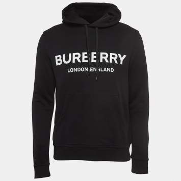 Pre Owned Burberry Black Logo Print Cotton Knit Hoodie XS