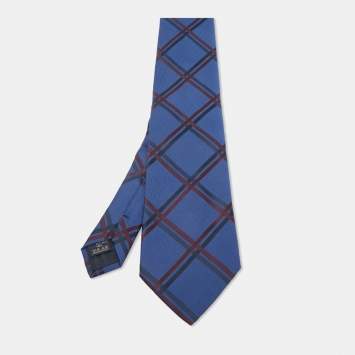 Pre Owned Burberry Blue Check Woven Jacquard Traditional Tie 