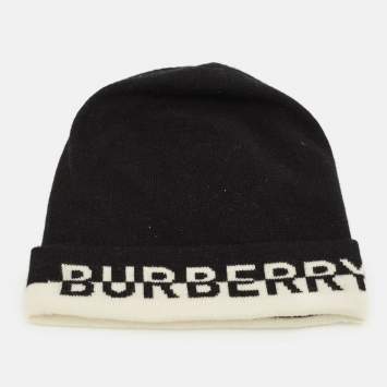 Pre Owned Burberry Black Logo Intarsia Cashmere Beanie