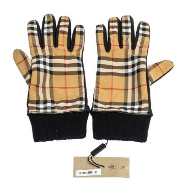 Pre Owned Burberry Beige Check Cashmere Lined Leather Trim Gloves 