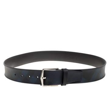 Pre Owned Burberry Navy Blue/Black Check Coated Canvas Joe Buckle Belt 90CM