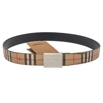 Pre Owned Burberry Beige House Check PVC Logo Plaque Belt 90CM