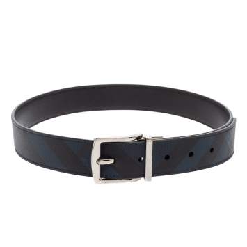 Pre Owned Burberry Black/Blue London Check Coated Canvas Clarke Reversible Belt 80CM