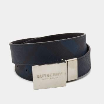 Pre Owned Burberry Navy Blue/Black London Check Coated Canvas Logo Plague Reversible Belt 85CM