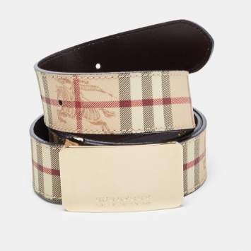 Pre Owned Burberry Beige Haymarket Check Coated Canvas Logo Plaque Belt 100CM
