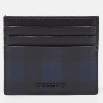 Pre Owned Burberry Black/Blue Check Coated Canvas and Leather Sandon Card Holder