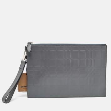 Pre Owned Burberry Grey Check Embossed Leather Edin Zip Pouch