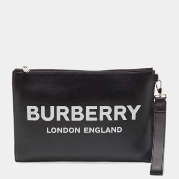 Pre Owned Burberry Black Leather Logo Edin Wristlet Clutch