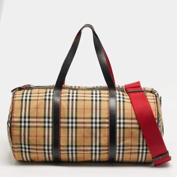 Pre Owned Burberry Kennedy Large Military Red Vintage Check Fabric Duffel Bag