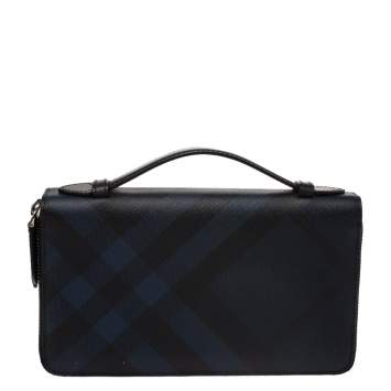 Pre Owned Burberry Navy Blue Coated Canvas Reeves Double Zip Wallet