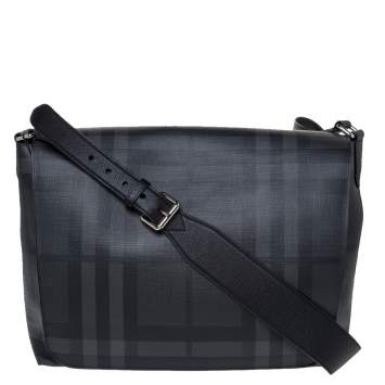 Pre Owned Burberry Black Check PVC and Leather Large Burleigh Messenger Bag
