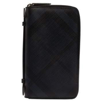 Pre Owned Burberry Navy Blue Coated Canvas Reeves Double Zip Wallet