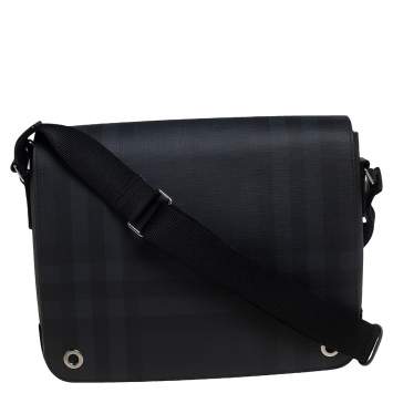 Pre Owned Burberry Dark Charcoal Beat Check PVC and Leather Messenger Bag