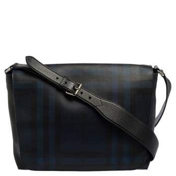 Pre Owned Burberry Black/Blue Check PVC and Leather Large Burleigh Messenger Bag