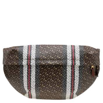 Pre Owned Burberry Brown/White TB Monogram Stripe Coated Canvas Extra Large Belt Bag