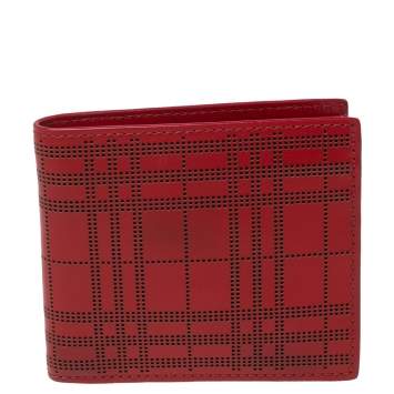 Pre Owned Burberry Red Perforated Leather Bill Bifold Wallet